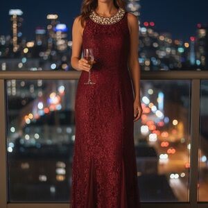 R&M Richards Lace Burgundy Maxi Dress with Embellished Neckline
